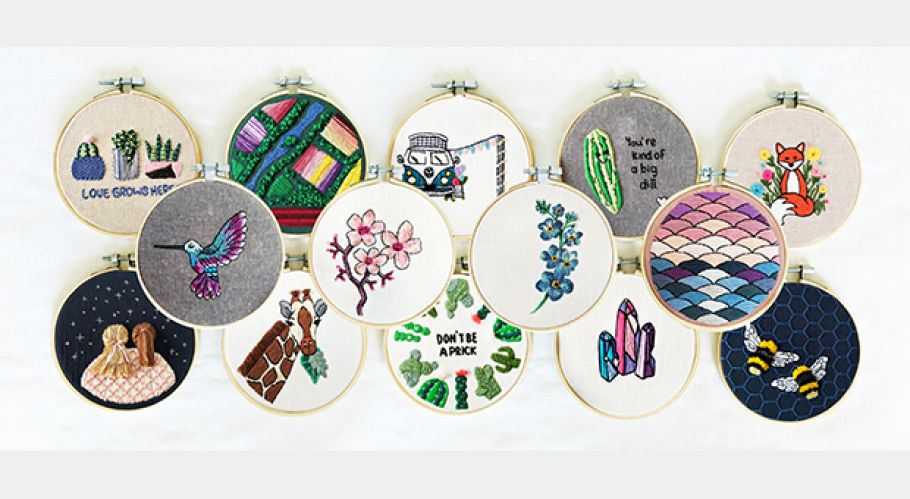 Artist Rebecca MacDonald&#039;s embroidery hoop display patterns