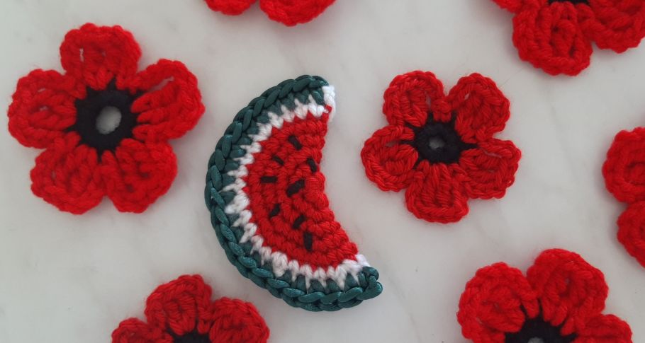 Crocheted poppies and watermelons