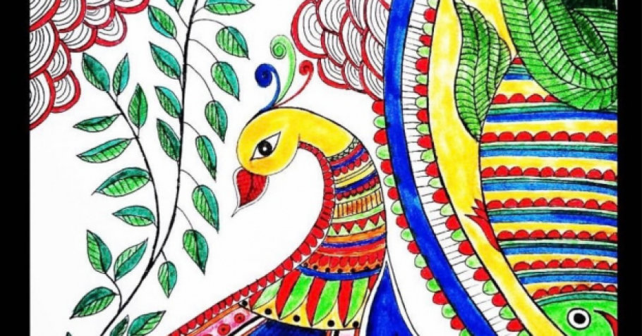 Brightly coloured Madhubani painting with the image of a bird and a fish. 