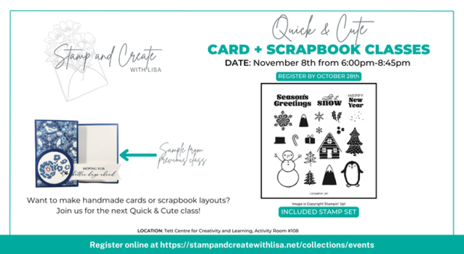 Text reads, "Quick and Cute Card and Scrapbooking Class. November 8 from 6-8:45PM"