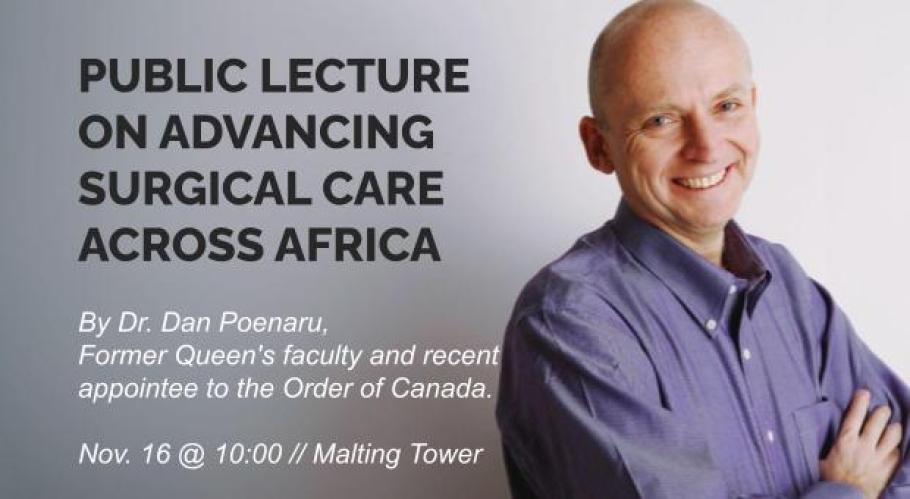 A picture of a person. Text reads "Public Lecture on Advancing Surgical Care Across Africa"