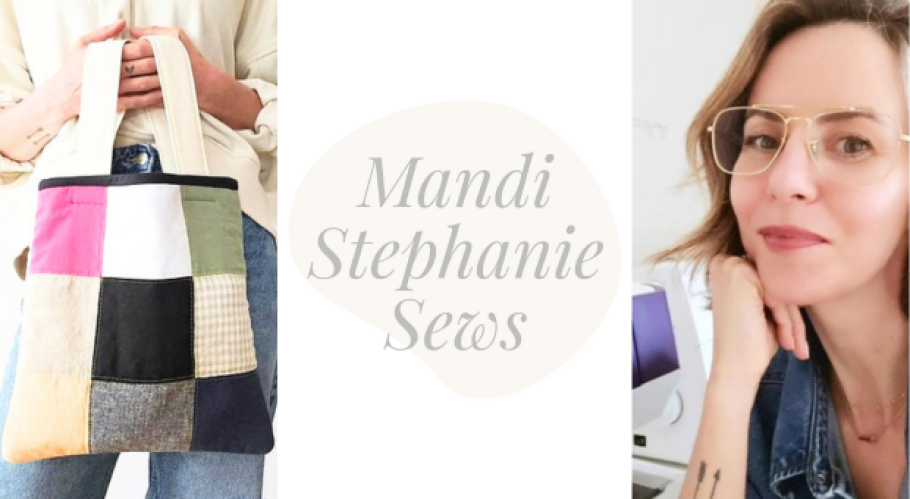 An image of a quilted tote on the left and the face of a feminine presenting person with light skin on the right, with text that reads &quot;Mandi Stephanie Sews&quot; in the centre.