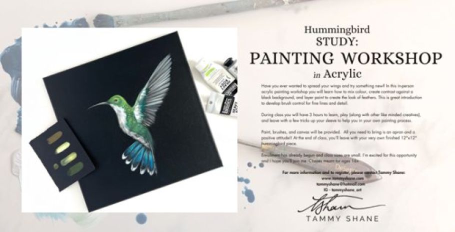 Painting of a hummingbird with the text &quot;Hummingbird Study: Painting workshop in Acrylic&quot;