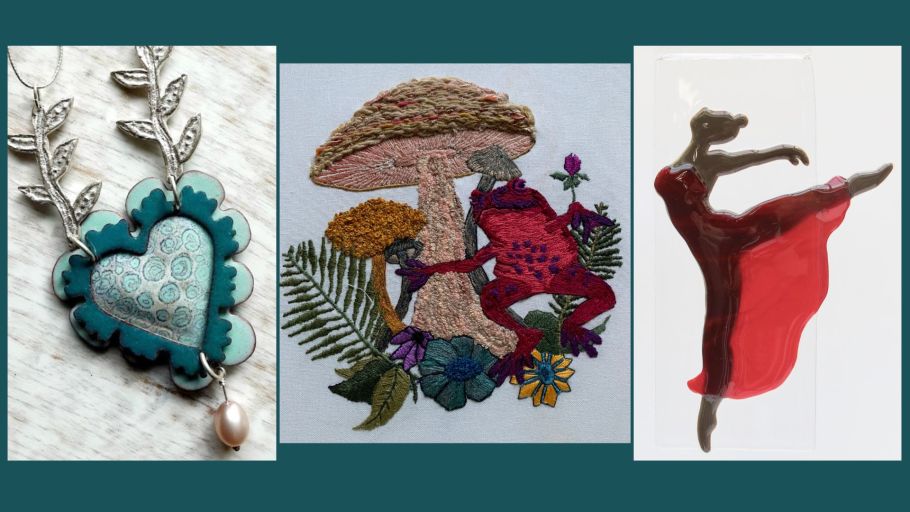 Image of a piece of heart jewelery, an embroidered mushroom and fog, and a dancer performing arabesque. 