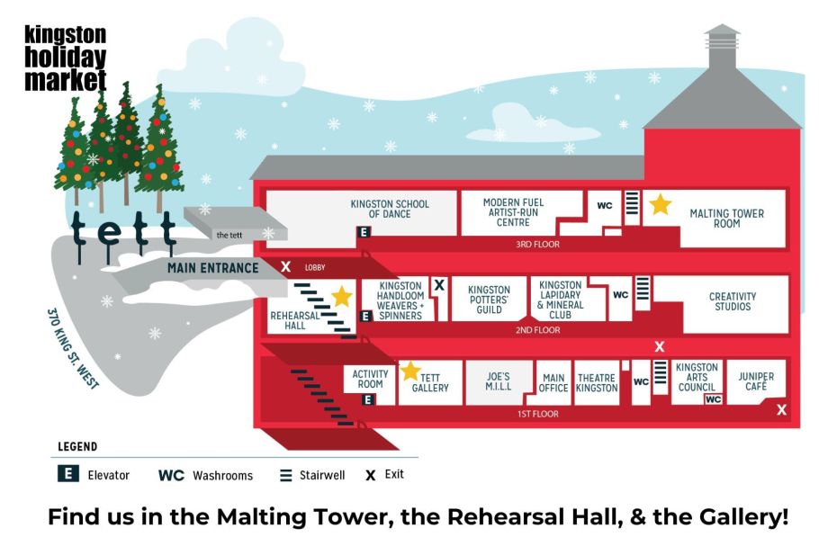 Map of the Tett with stars indicating the spaces - the Malting Tower, Rehearsal Hall, and Tett Gallery - where the Kingston Holiday Market will take place. 