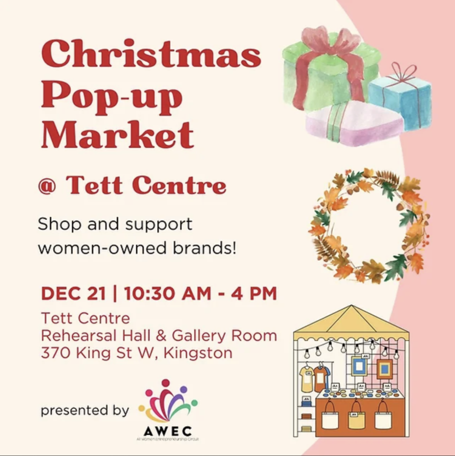 Text reads, "Christmas Pop-up Market @ Tett Centre" with holiday images and AWEC logo. 