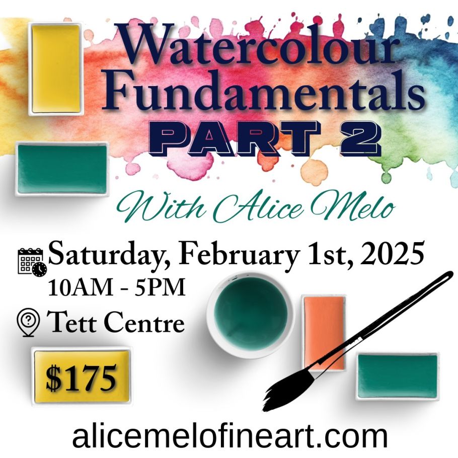 Text reads, "Watercolour Fundamentals Part 2 with Alice Melo" on a bright, watercoloured background.