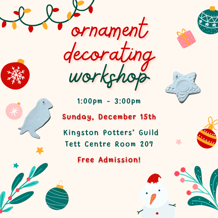 Text reads, "Ornament Decorating Workshop" with images of holiday ornaments. 