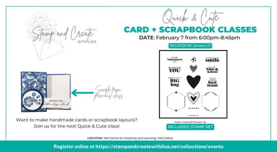 Text reads, "Quick & Cute Card and Scrapbooking Class" with images of a stamp set. 