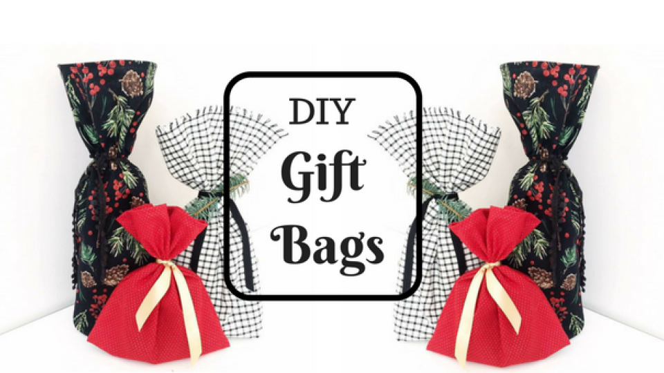 colouful holiday gift bags with text