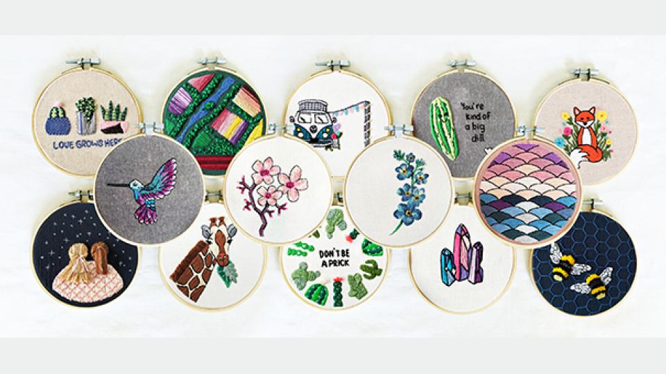 Artist Rebecca MacDonald&#039;s embroidery hoop display patterns