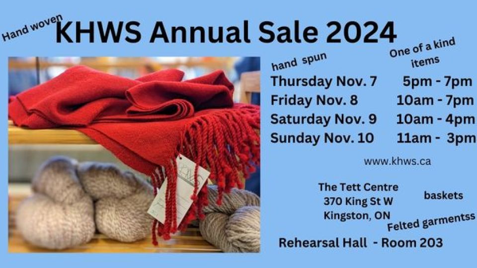 Image of Red scarf and balls of cream-coloured yarn. KHWS Annual Sale 2024