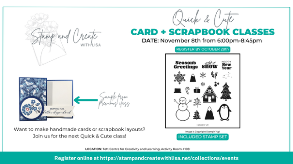 Text reads, "Quick and Cute Card and Scrapbooking Class. November 8 from 6-8:45PM"