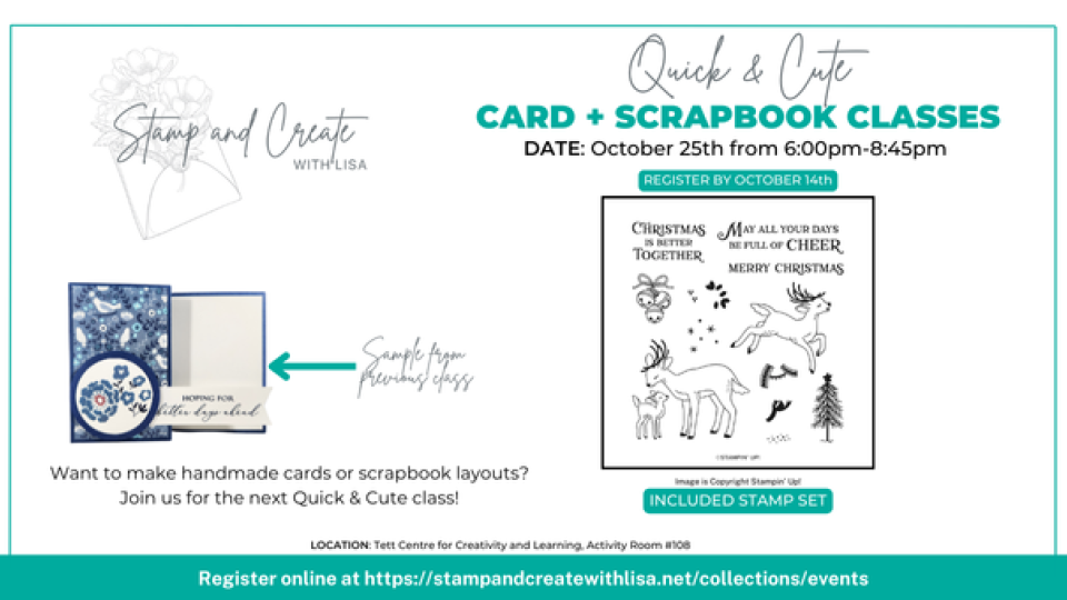 Text reads, "Quick and Cute Card and Scrapbooking Class. October 25 from 6-8:45PM"