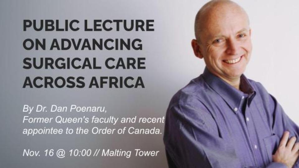 A picture of a person. Text reads "Public Lecture on Advancing Surgical Care Across Africa"