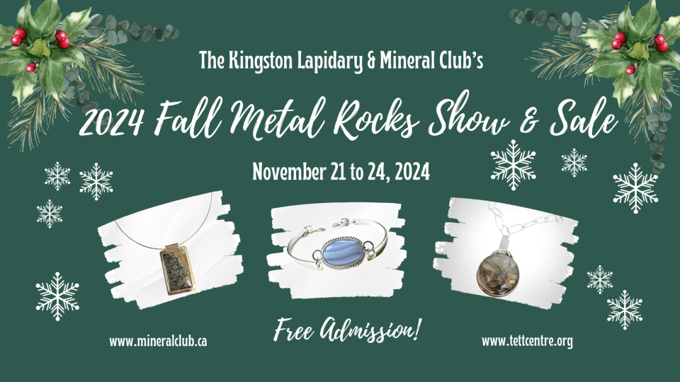 Text reads, "The Kingston Lapidary and Mineral Club's 2024 Fall Metal Rocks Show and Sale" with 3 images of jewellery. 