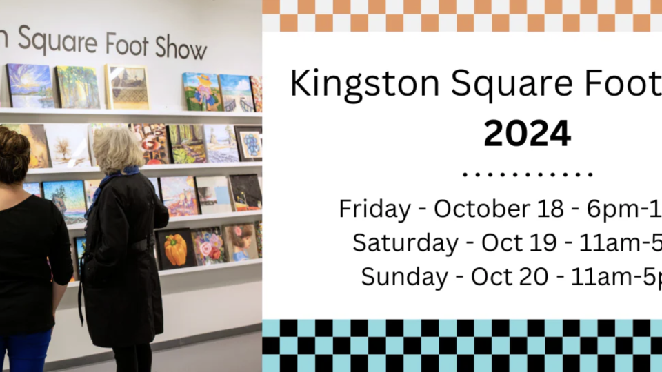 An image of people looking at square foot art pieces, with the text "Kingston Square Foot Show 2024"