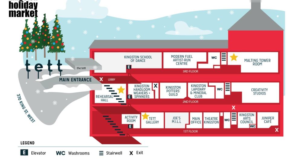 Map of the Tett with stars indicating the spaces - the Malting Tower, Rehearsal Hall, and Tett Gallery - where the Kingston Holiday Market will take place. 