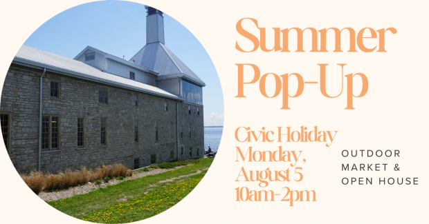 An image of the west side of the Tett Centre. Text reads, "Summer Pop Up. Civic Holiday, Monday, August 5, 10AM - 2PM. OUTDOOR MARKET & OPEN HOUSE