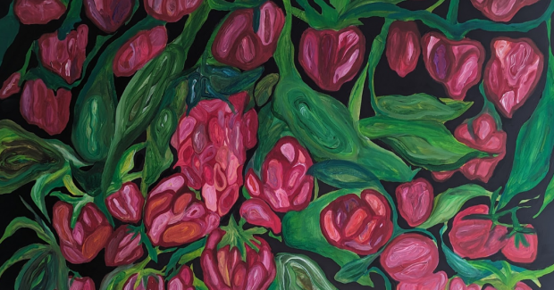 A painting of a plant with vibrant pink-red fruits and green vines.