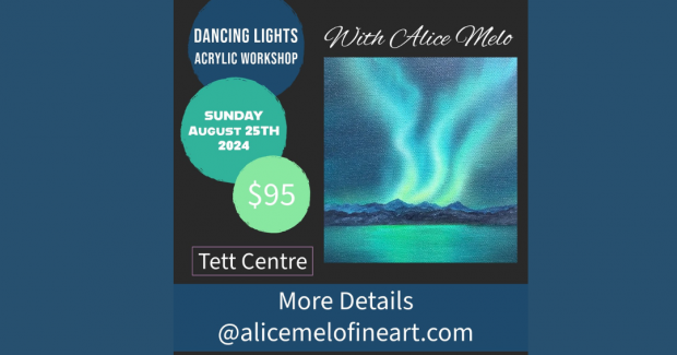 Watercolour painting of the Northern Lights in turquoise hues. Dancing Lights Acrylic Workshop with Alice Melo. Sunday, August 25, Tett Centre. $95. More details @alicemelofineart.com