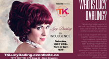 Image of a woman's head with big, purple-red hair. Text reads "Who is Lucy Darling? Lucy Darling in Indulgence. July 20, 7PM & 9PM, $35, Presented by Theatre Kingston"