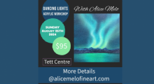 Watercolour painting of the Northern Lights in turquoise hues. Dancing Lights Acrylic Workshop with Alice Melo. Sunday, August 25, Tett Centre. $95. More details @alicemelofineart.com