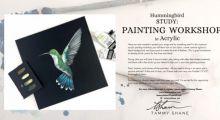 Painting of a hummingbird with the text "Hummingbird Study: Painting workshop in Acrylic"